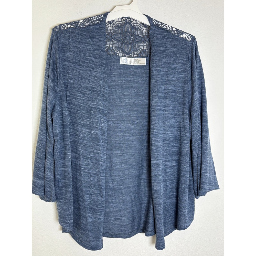 Time and Tru Blue Space Dye Crochet Lace Back‎ Open Front Cardigan XXL 20